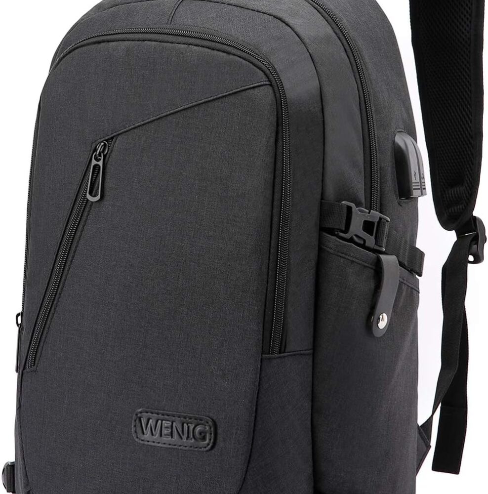 WENIG Anti-Theft Travel Laptop Backpack with USB Charging Port Lock,Water Resistant Slim Work Computer Bag for Men College Bookbags Fits 15.6 Inch Laptop