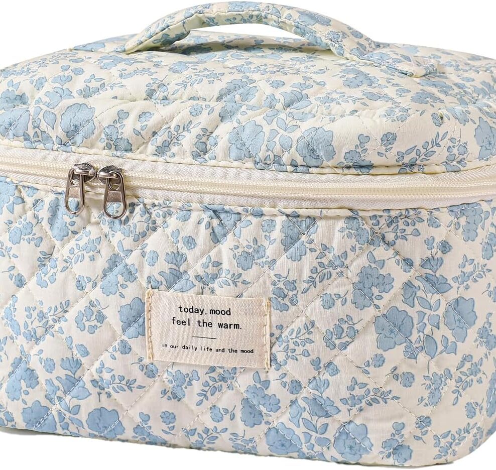uekeboag Large Travel Quilted Makeup Bag for Women (01Lithtblue-flower)