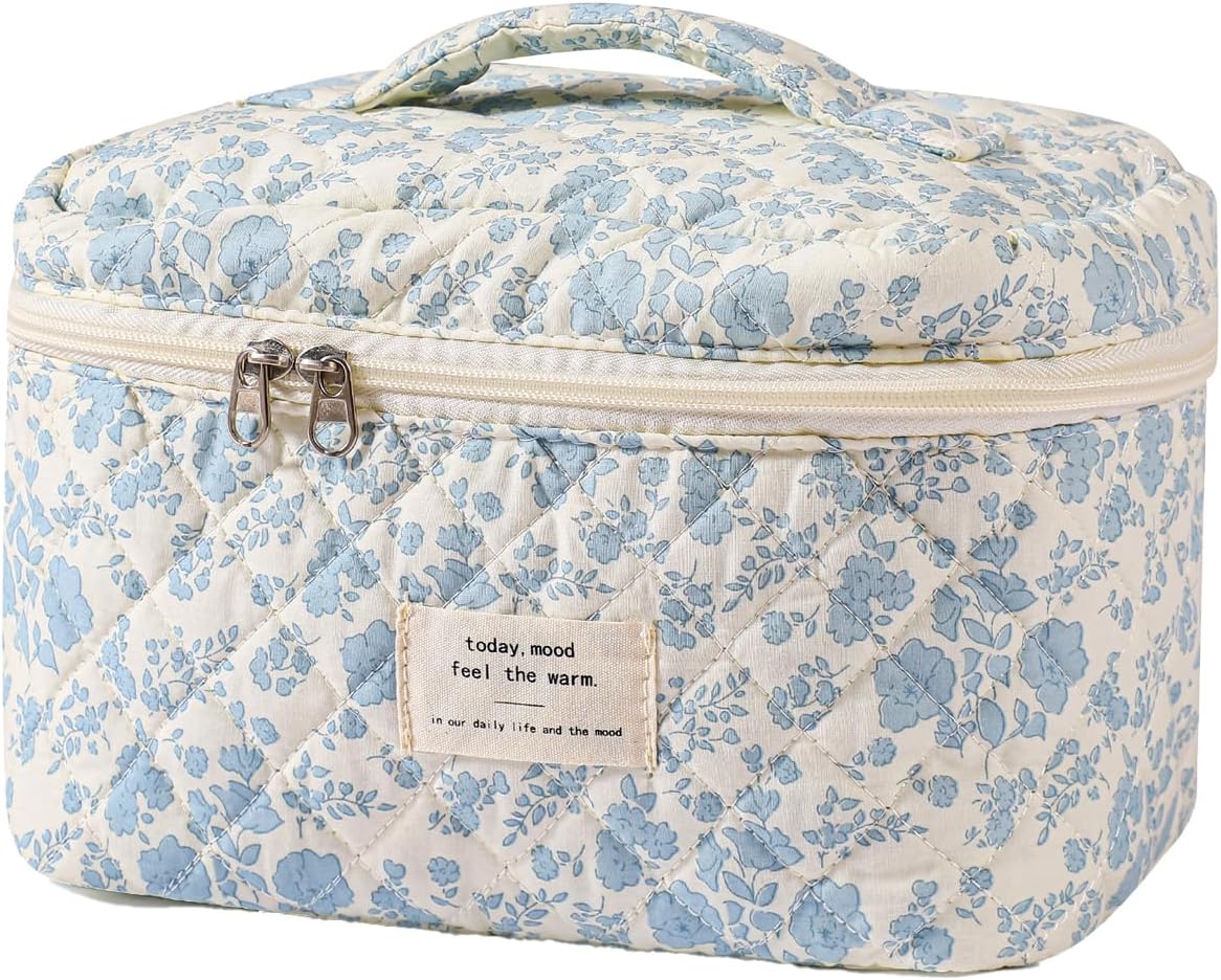uekeboag Large Travel Quilted Makeup Bag for Women (01Lithtblue-flower)