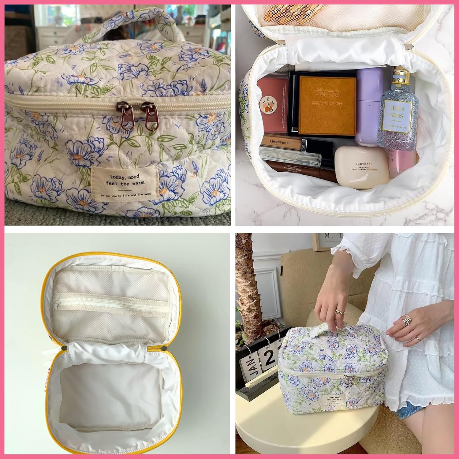 uekeboag Large Travel Quilted Makeup Bag for Women (01Lithtblue-flower) - Image 3