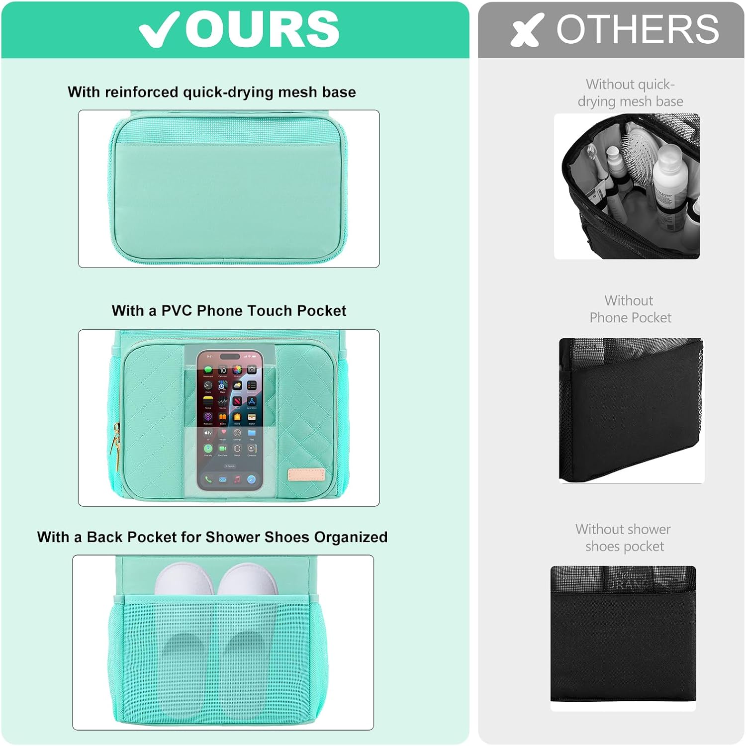 Portable Shower Caddy College Dorm Essentials, Large Toiletry Bag for Women Men, 2 Layers Quickly Dry Mesh Bathroom Tote Bag, Hanging Makeup Organizer Bag for Travel, Gym, Camping (Mint Green) - Image 3