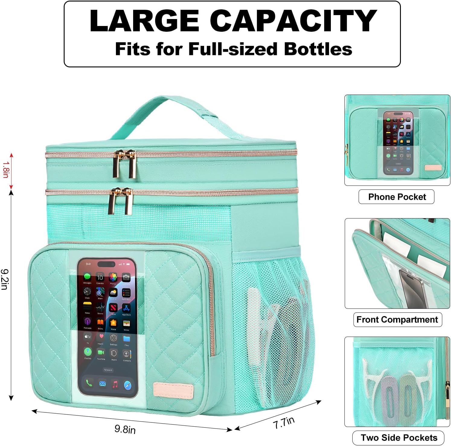 Portable Shower Caddy College Dorm Essentials, Large Toiletry Bag for Women Men, 2 Layers Quickly Dry Mesh Bathroom Tote Bag, Hanging Makeup Organizer Bag for Travel, Gym, Camping (Mint Green) - Image 4