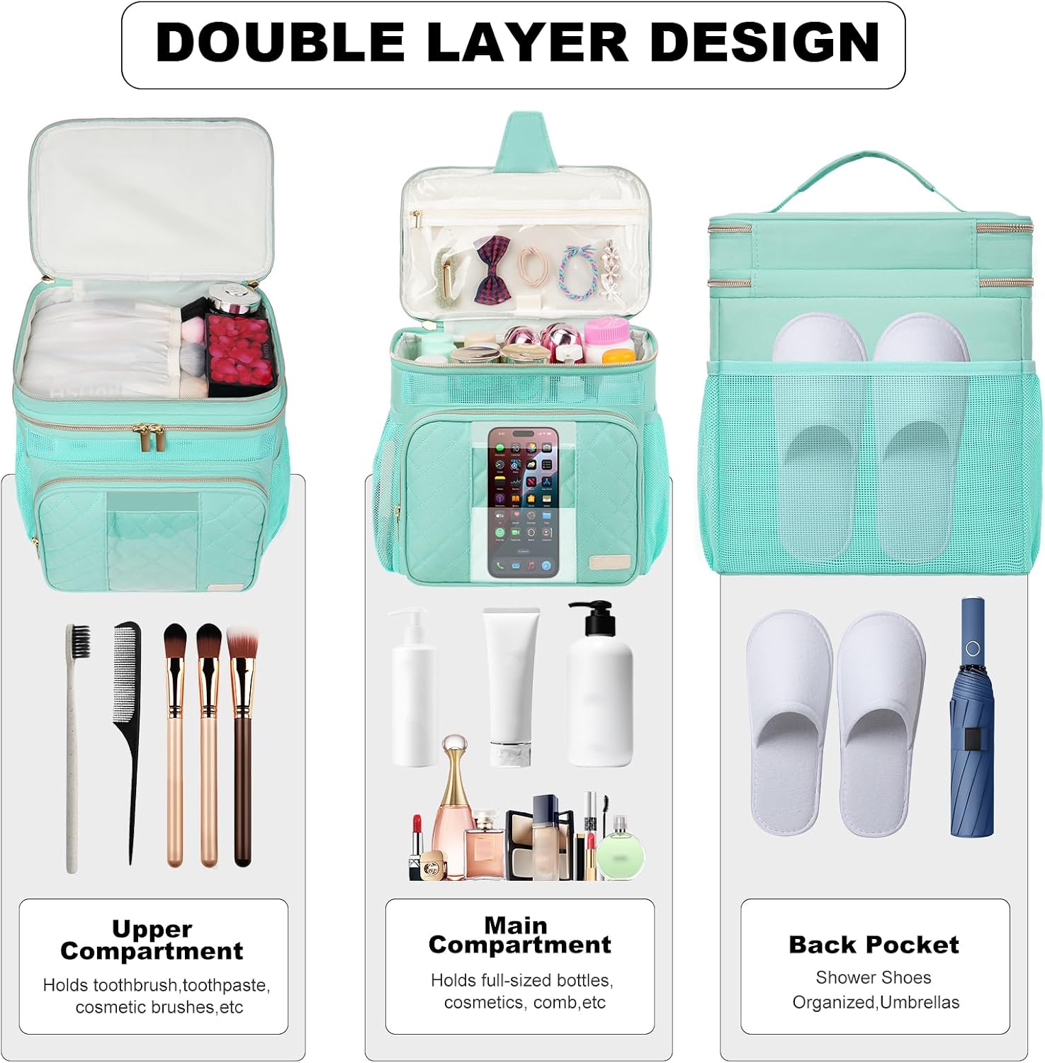 Portable Shower Caddy College Dorm Essentials, Large Toiletry Bag for Women Men, 2 Layers Quickly Dry Mesh Bathroom Tote Bag, Hanging Makeup Organizer Bag for Travel, Gym, Camping (Mint Green) - Image 6