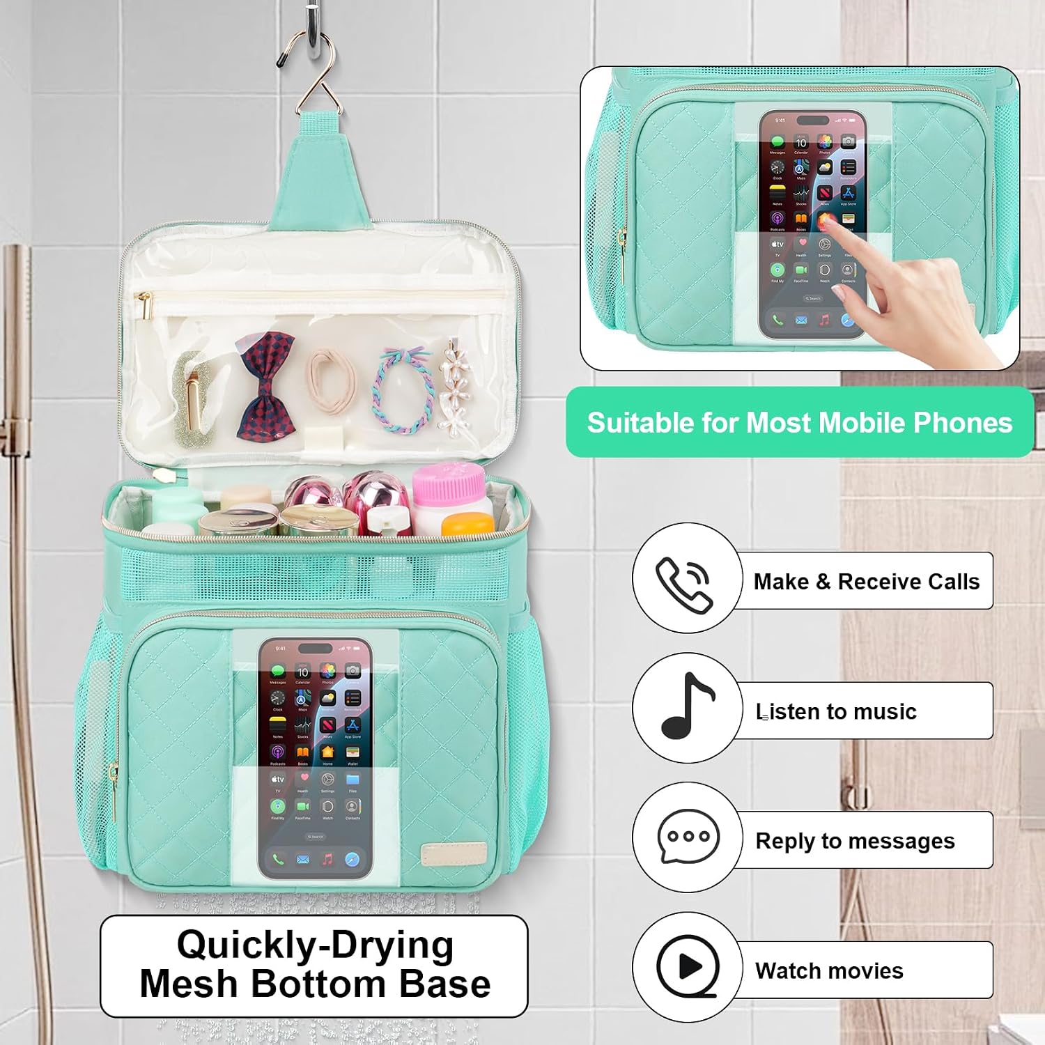 Portable Shower Caddy College Dorm Essentials, Large Toiletry Bag for Women Men, 2 Layers Quickly Dry Mesh Bathroom Tote Bag, Hanging Makeup Organizer Bag for Travel, Gym, Camping (Mint Green) - Image 7