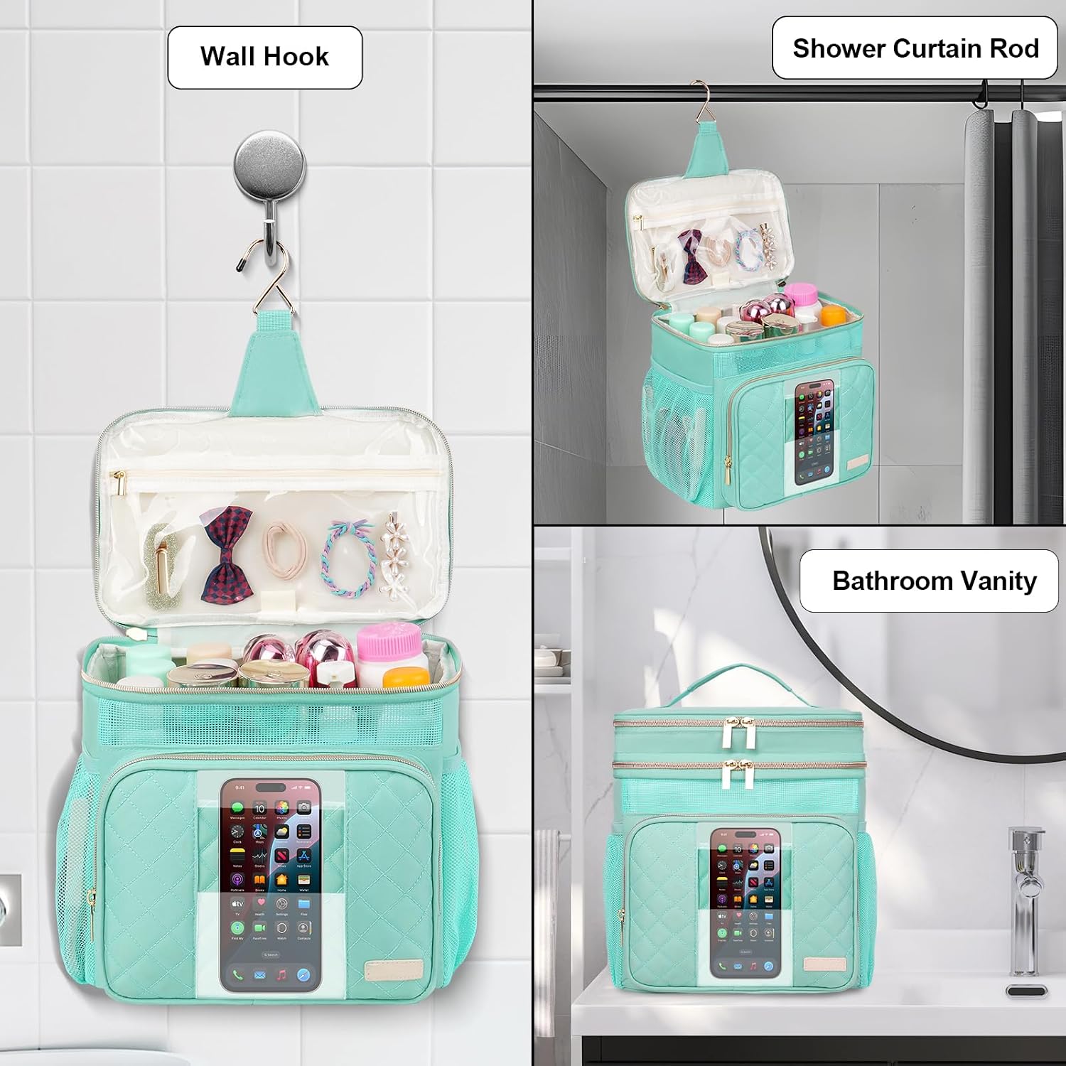 Portable Shower Caddy College Dorm Essentials, Large Toiletry Bag for Women Men, 2 Layers Quickly Dry Mesh Bathroom Tote Bag, Hanging Makeup Organizer Bag for Travel, Gym, Camping (Mint Green) - Image 8