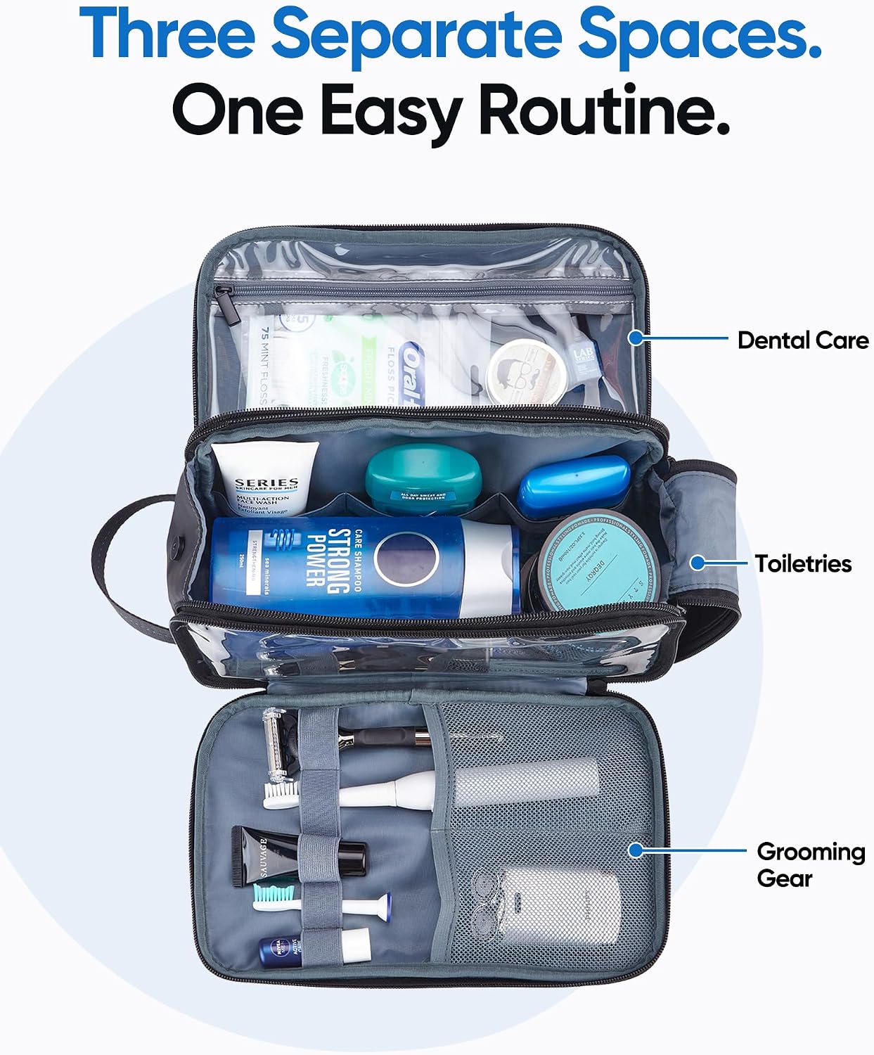 ZEEMO Travel Toiletry Bag for Men, Full Open Dopp Kit with Dual Compartment - Image 3